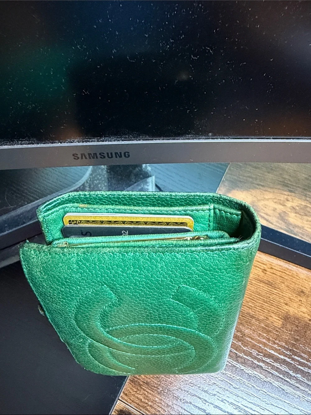 CHANEL Green Quilted CC Leather Wallet